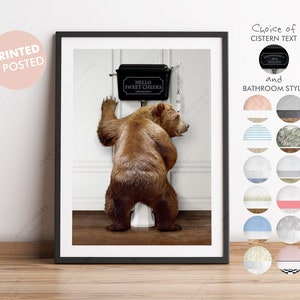 Bear using the Toilet with, Brown Bear Victorian Toilet, Funny Bathroom Print, Animal on Toilet, Bear Peeing, Whimsy Animal