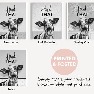 May include: Four different styles of a black and white cow print with the text "Herd That" on a bathroom wall. The styles are Farmhouse, Pink Polkadot, Shabby Chic, and Retro.