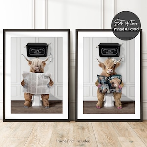 Set of 2, His and Hers, Highland Cow Funny Bathroom Prints, Male and Female Highland Cow on Toilet, Highland Cow Christmas Gift Idea