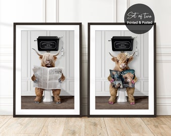 Set of 2, His and Hers, Highland Cow Funny Bathroom Prints, Male and Female Highland Cow on Toilet, Valentines Day or Anniversary Present