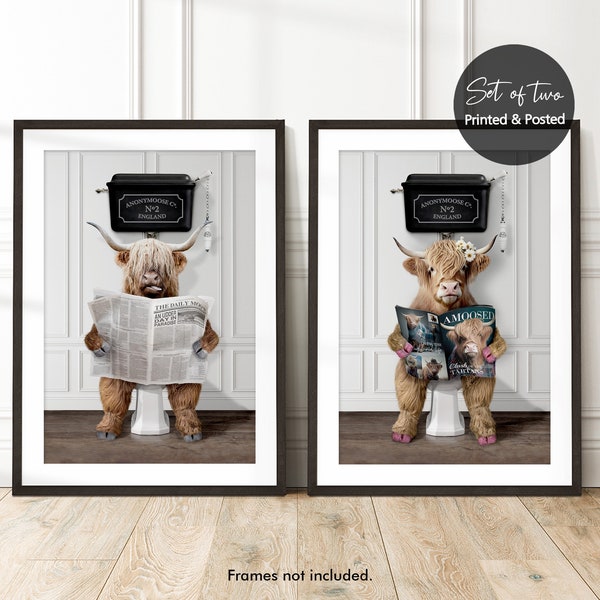 Set of 2, His and Hers, Highland Cow Funny Bathroom Prints, Male and Female Highland Cow on Toilet, Highland Cow Christmas Gift Idea