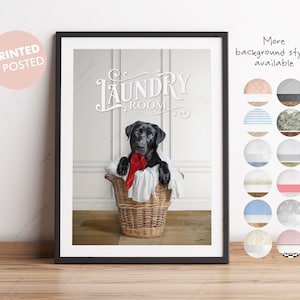 Black Labrador Retriever dog in a Laundry Basket Print, Funny Bathroom Print, Pet Dog Laundry Room Decor, Animal Kitchen Washroom Wall Art
