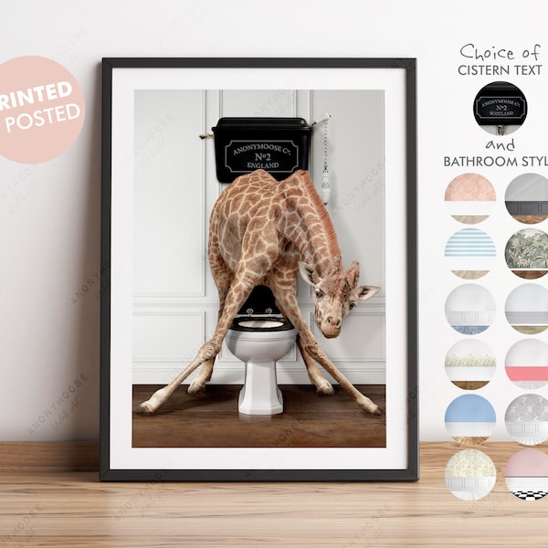 Giraffe on Toilet, Giraffe Victorian Toilet, Funny Bathroom Print, Animal on Toilet, Bathroom Wall Art, Whimsy Animal