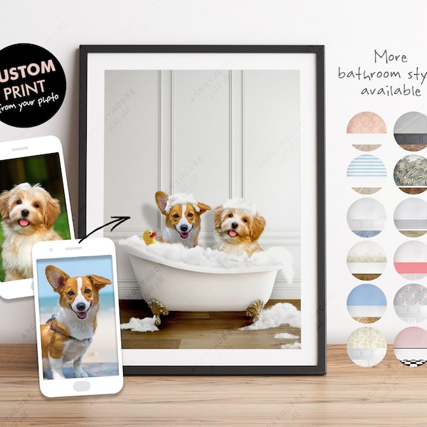 Custom Two Pets in a Bath Print, Personalised Dogs in a Bathtub, Dog from Photo Art Print, Personalised Pet Gift, Unique Dog or Cat Wall Art