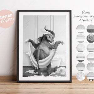 Black and White Elephant drying with a towel in Bathroom Print, Elephant Bathing, Funny Bath Bathroom Print, Animal bathtub, Elephant in Tub