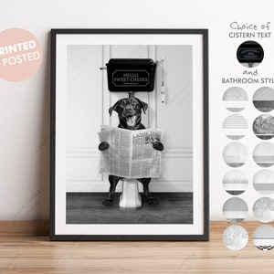 Black and White Black Labrador Retriever Dog on Toilet with Newspaper, Victorian Toilet Print, Funny Bathroom Print, Dog on Toilet, Humour