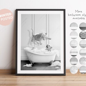 Black And White Lion Cubs Playing in Bath Tub Print, Lions Bathing, Funny Bathroom Print, Animal in bathtub, Lions in Tub, Whimsy Animal