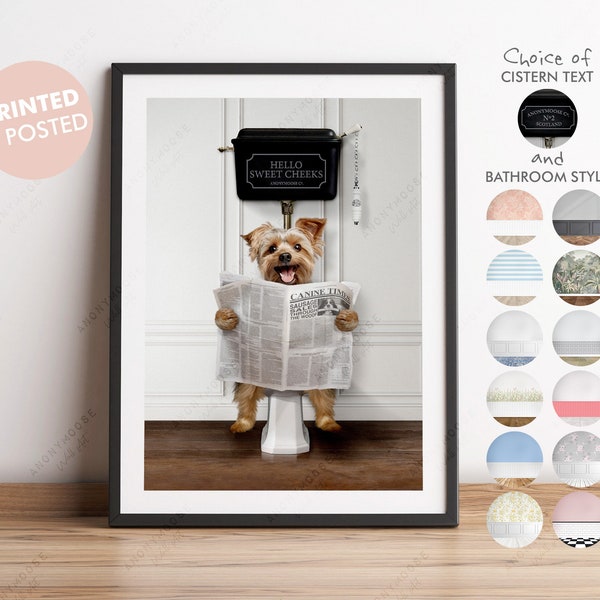 Yorkshire Terrier Dog on Toilet with Newspaper, Victorian Toilet Art, Funny Bathroom Print, Dog on Toilet, Yorkshire Terrier Art