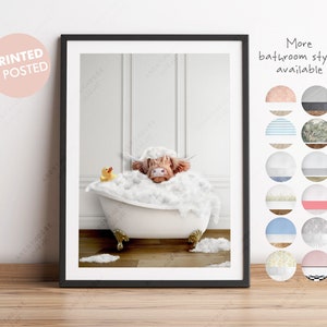 Highland Cow Calf in a Bath Print, Baby Cow Bathing, Funny Bathroom Print, Animal in bathtub, Highland Cow in Tub Print, Nursery Animal