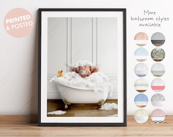 Highland Cow Calf in a Bath Print, Baby Cow Bathing, Funny Bathroom Print, Animal in bathtub, Highland Cow in Tub Print, Nursery Animal