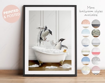 Penguins Playing in Bath Tub Print, Penguin Bathing, Funny Bathroom Print, Animal in bathtub, Penguin in Tub, Whimsy Animal