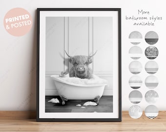 Puede incluir: Foto en blanco y negro de una vaca de las tierras altas tomando un baño en una bañera blanca con burbujas. La vaca está sentada en la bañera con la cabeza y los hombros por encima del agua. La vaca tiene un pato de goma en la boca. La foto está enmarcada en un marco negro.