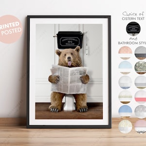 Bear on Toilet with Newspaper, Bear Victorian Toilet, Funny Bathroom Print, Animal on Toilet, Grizzly Bear with Paper, Whimsy Animal