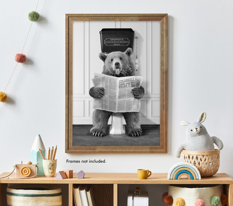 Black and White Bear on Toilet With Newspaper Bear Victorian Etsy UK