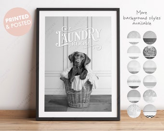 Black and White Print Chocolate Brown Labrador Retriever dog in a Laundry Basket Print, Funny Bathroom Print, Pet Dog Laundry Room Decor