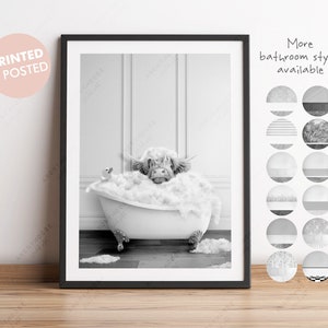 Black And White Highland Cow Calf in a Bath Print, Baby Cow Bathing, Funny Bathroom Print, Animal in bathtub, Highland Cow in Tub Print