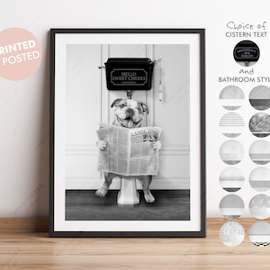 Black and White Bulldog on Toilet with Newspaper, Victorian Toilet, Funny Bathroom Print, Dog on Toilet, Bulldog Wall Art, Bulldog Gift