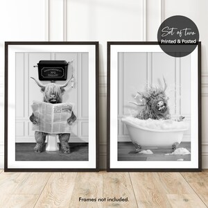 Set of 2, His and Hers, Black and White Highland Cow Funny Bathroom Prints, Valentines Day or Anniversary Prints