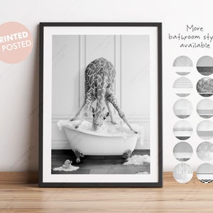 Black and White Giraffe Straddling Bath Tub Print, Giraffe Bathing, Funny Bathroom Print, Animal in bathtub, Giraffe in Tub, Whimsy Animal