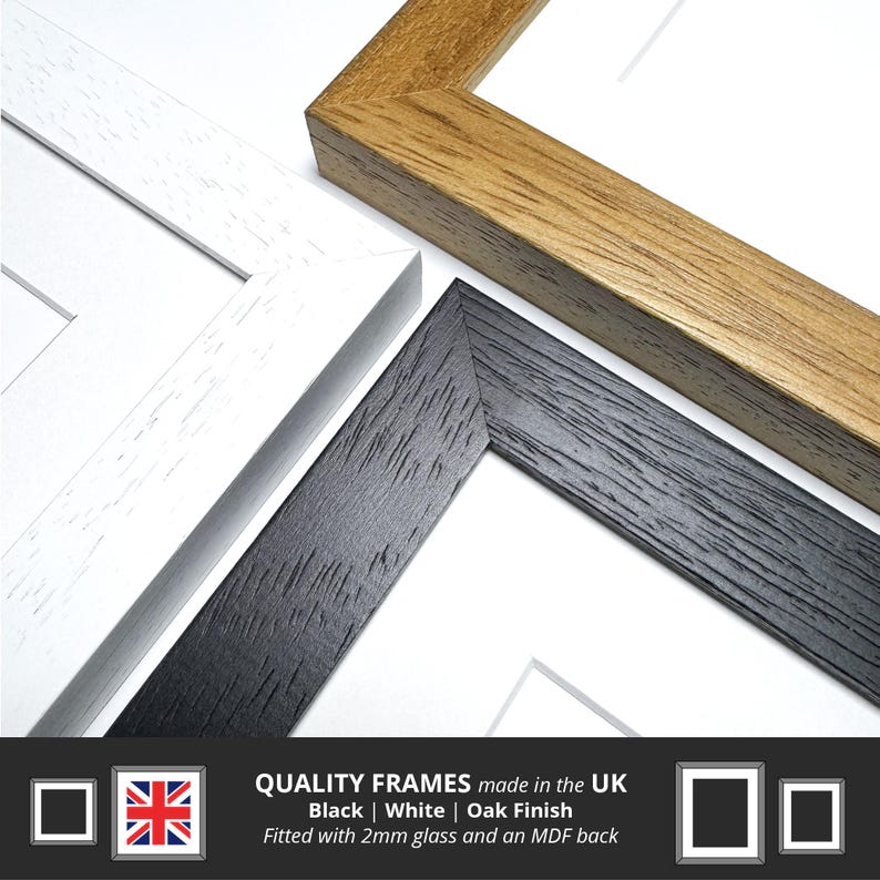 May include: Three picture frames, one black, one white, and one oak finish. The frames are made in the UK and are fitted with 2mm glass and an MDF back.