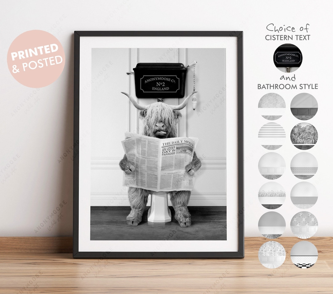 Black and White Highland Cow on Toilet With Newspaper, Cow Victorian ...