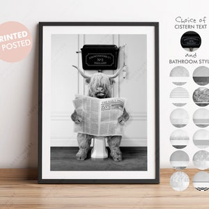 Black And White Highland Cow on Toilet with Newspaper, Cow Victorian Toilet, Funny Bathroom Print, Animal on Toilet, Whimsy Animal