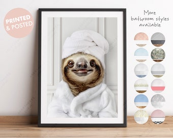 May include: A sloth wearing a white bathrobe and a white towel on its head. The sloth is smiling and has a relaxed expression. The background is a white tiled wall. The image is a digital illustration.