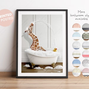 Giraffe Squirting Water a Bath Print, Giraffe Bathing, Funny Bathroom Print, Animal in bathtub, Giraffe in Tub Print, Whimsy Animal