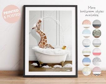 Giraffe Squirting Water a Bath Print, Giraffe Bathing, Funny Bathroom Print, Animal in bathtub, Giraffe in Tub Print, Whimsy Animal