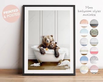 Daddy Bear Father’s Day Gift. 1, 2 or 3 Baby Bear Cubs with Daddy Bear in Victorian Bath Tub Print, Funny Father’s Day Gift, Bathroom Print