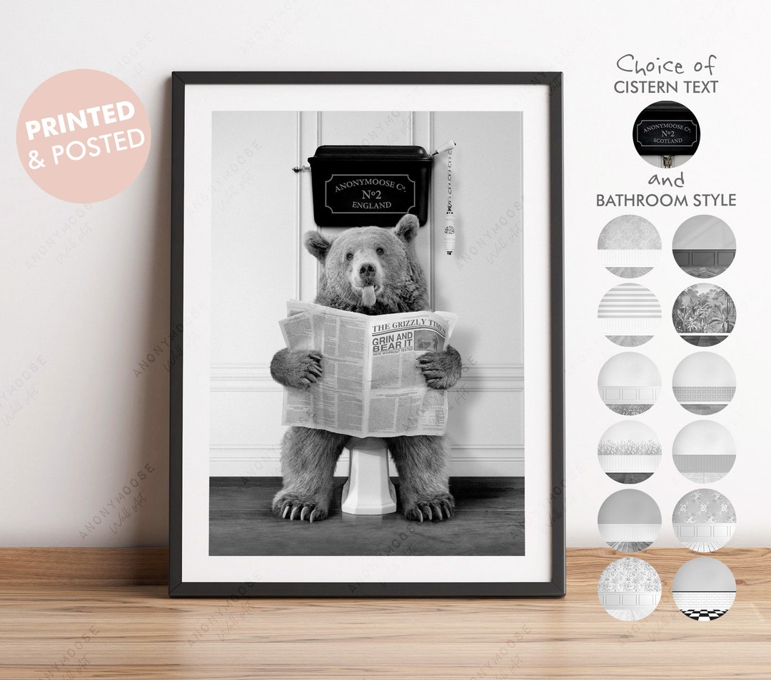 Black and White Bear on Toilet With Newspaper, Bear Victorian Toilet