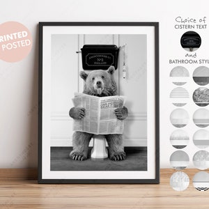 Black And White Bear on Toilet with Newspaper, Bear Victorian Toilet, Funny Bathroom Print, Animal on Toilet, Grizzly Bear with Paper,Whimsy