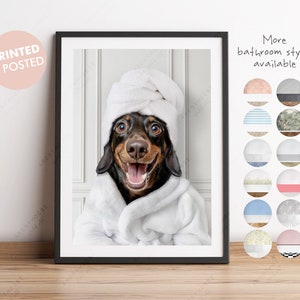 Dachshund in a Bathrobe Print, Dog Bathing, Funny Bathroom Print, Animal in towel on head, Dachshund dog in Bath Robe, Whimsy Animal