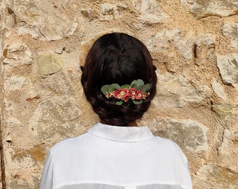 Tocado de novia, tocado de invitada, peinado de novia, flores preservadas para el pelo, tocado de flores, eucalipto, hortensia, tocado Rocio