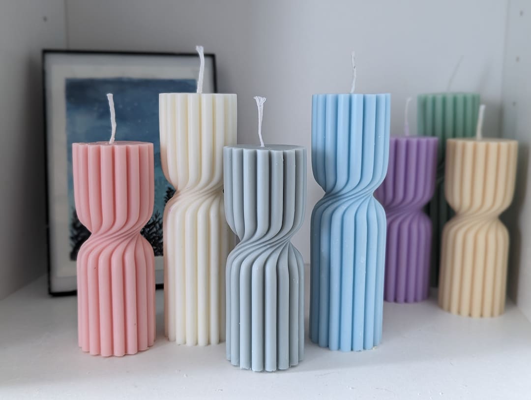Ribbed Spiral Pillar Candle Colorful Pastel Soy Wax Candles Minimalist
