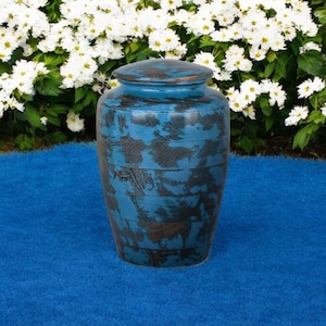 Handcrafted Blue & Black Wooden Urn: Custom Engraved Memorial Keepsake