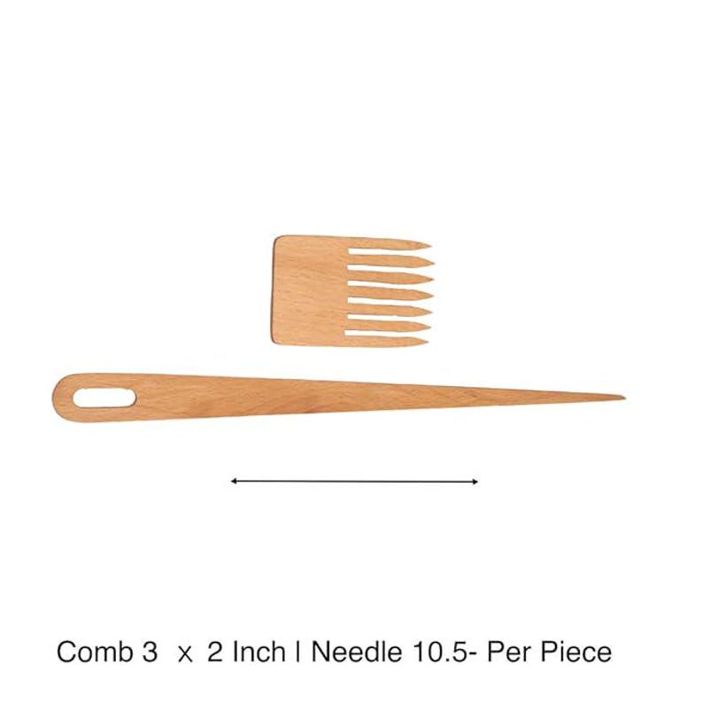May include: Two wooden tools are shown: a comb, 7.6 x 5.1 cm, and a needle, 26.7 cm long. The comb has multiple teeth, and the needle has a pointed end and a hole. Both are made of light-coloured wood and are set against a white background.