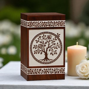 Engraved Rose Tree of Life Urn: Sheesham Wood Cremation Memorial