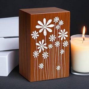 Handcrafted Sheesham Wood Floral Urn with Personalized Engraving • Real Wood Cremation Box • Memorial Funeral Keepsake for Ashes