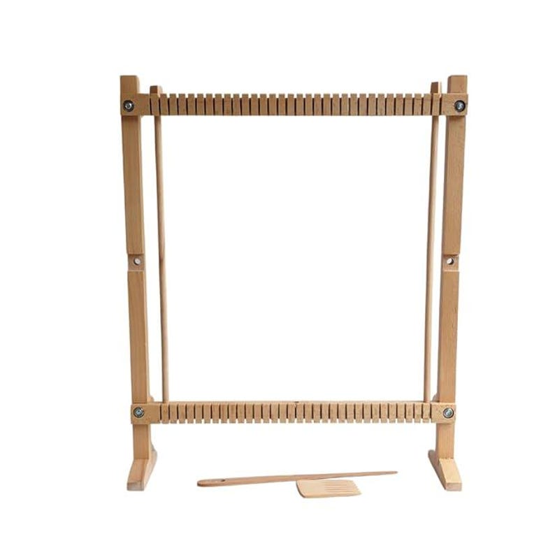May include: A wooden weaving loom with a rectangular frame and vertical supports. The loom has evenly spaced notches along the top and bottom beams. A wooden shuttle and a flat beater are included. The loom is designed for textile art and craft projects.