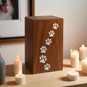 Personalized Rosewood Pet Urn: Engraved Memorial Box with white Paw Prints
