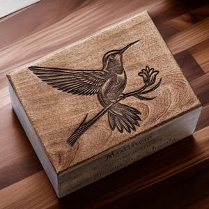 Handmade Rosewood Cremation Urn: Engraved Hummingbird Floral Memorial Box