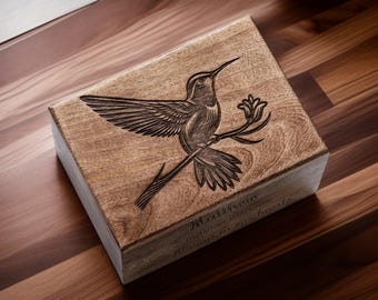 Handmade Rosewood Cremation Urn: Engraved Hummingbird Floral Memorial Box