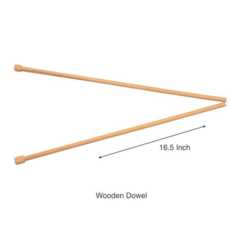 May include: Two light brown wooden dowels, each with a rounded end, are positioned in a V-shape. The image includes the text "Wooden Dowel" and a measurement of 41.9 cm.