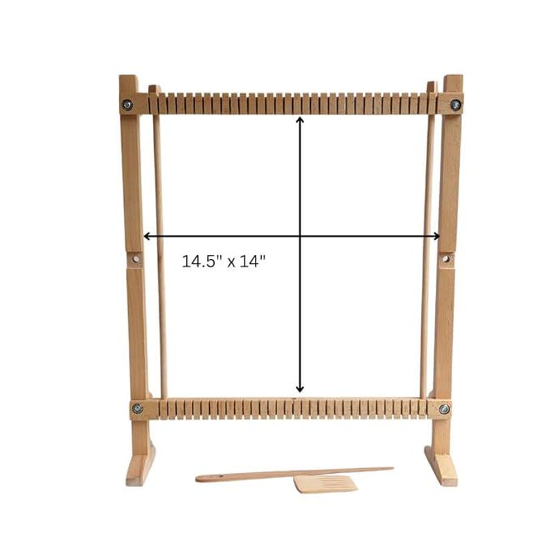 May include: A wooden weaving loom with a rectangular frame, measuring 36.8 cm x 35.6 cm. The loom has notches along the top and bottom edges, with two vertical supports. A wooden shuttle and a flat beater are included.