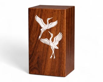 Flying Cranes Wooden Cremation Urn | Sheesham or Beech, Personalized Keepsake