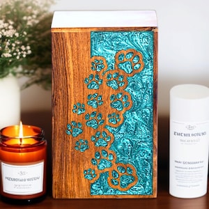 Handmade Rosewood Pet Urn: Teal Resin Paw Prints, Custom Engraving