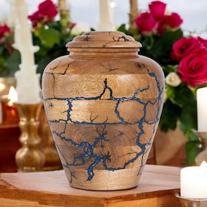 Custom Engraved Wooden Urn for Ashes – Blue Resin Lichtenberg Cremation Urn – Handmade Memorial Box for Human or Pet Ashes