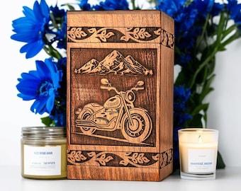 Handgefertigte Motorradurne aus Rosenholz: Personalisierte, gravierte Erinnerung für Biker, individuelle Holzurne für Motorradliebhaber, Memo