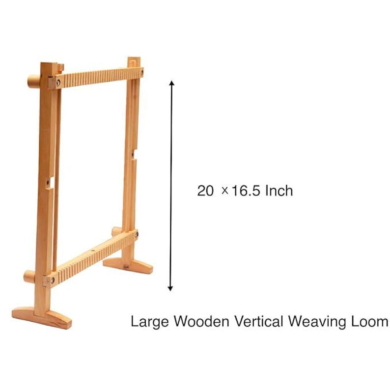 May include: A large wooden vertical weaving loom, measuring approximately 50.8 x 41.9 cm. The loom is constructed from light-colored wood and has a rectangular frame with notched bars for weaving. The text "Large Wooden Vertical Weaving Loom" is displayed.
